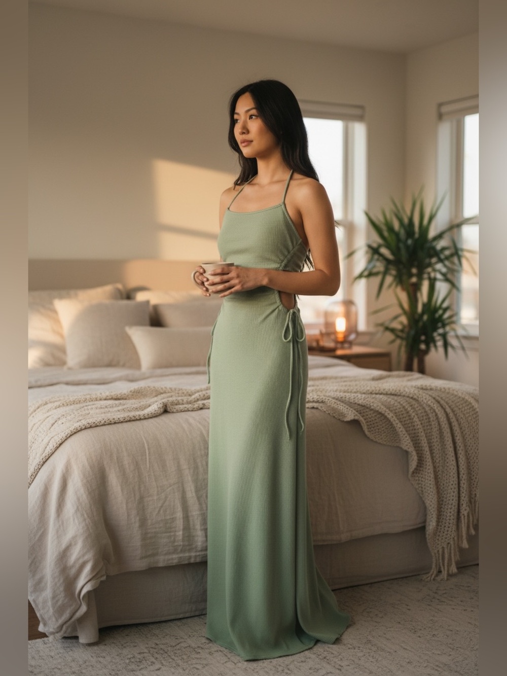 SABO Bella Ribbed Stretchy Halter Maxi Dress in Sage Green Size M Wedding Guest